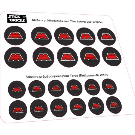 Planche reproduction stickers prédécoupés logo M:TRON pour tiles 2X2 rounds et torso