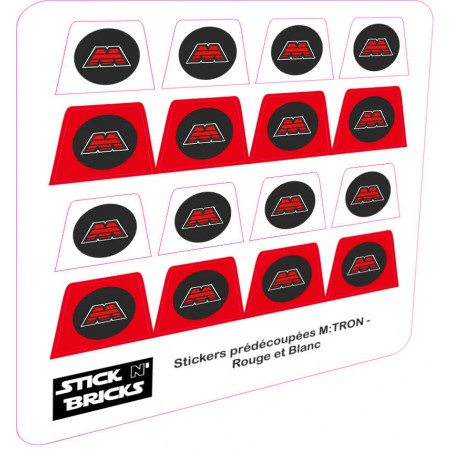 Planche reproduction stickers prédécoupés logo M:TRON pour torse Minifigures Rouge et Blanc