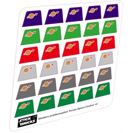 Planche reproduction stickers prédécoupés logo space pour torse minifigures 6 couleurs v2