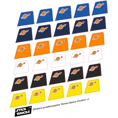 Planche reproduction stickers prédécoupés logo space pour torse minifigures 6 couleurs v1