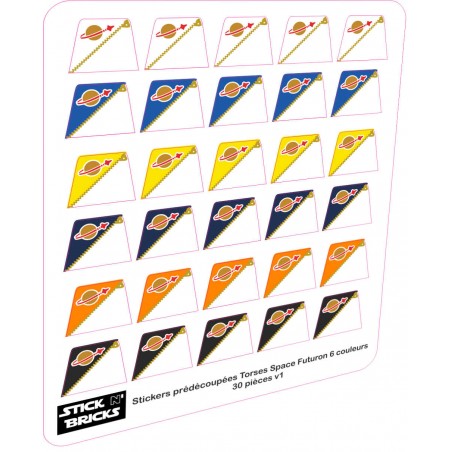 Planche reproduction stickers prédécoupés logo space pour torse minifigures FUTURON 6 couleurs v1